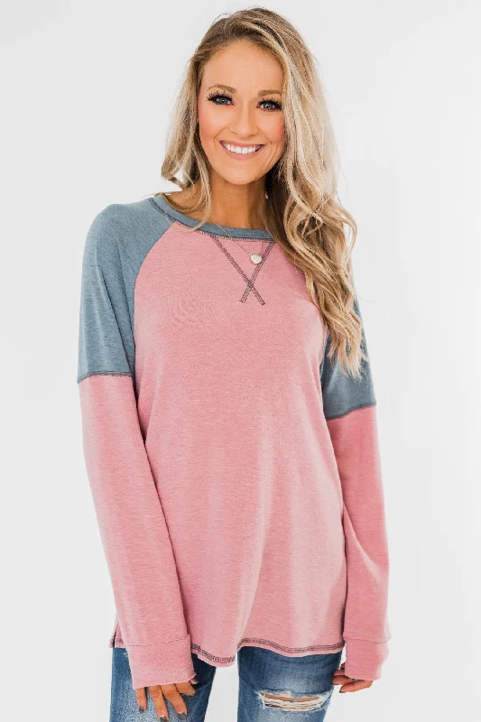 Premium Pieces At Prices You'Ll Love This Beautiful Feeling Raglan Top- Pink & Dusty Blue