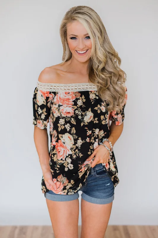 Seasonal Sale Woven Into Perfection Off the Shoulder Floral Top- Black