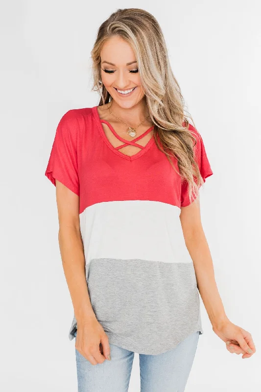 The Sale Everyone's Talking About Right Here Criss Cross Color Block Top- Deep Coral