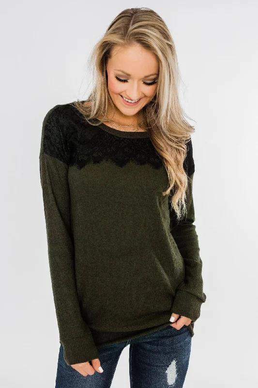 Today's Best Deals – Don't Wait Show Stopper Black Lace Top- Dark Olive
