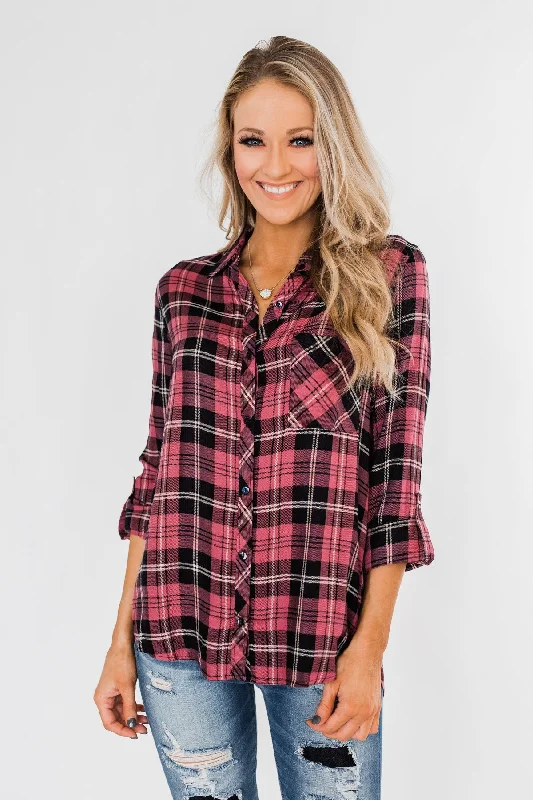 Grab The Hottest Deals Before They Disappear The Time To Shine Plaid Top- Light Berry & Black