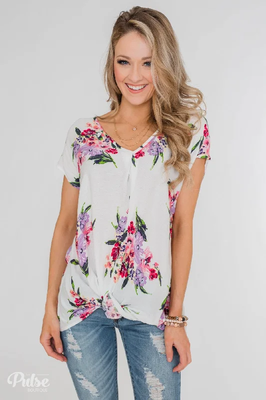 Effortless Style, Effortless Savings Best Day Ever Floral Twist Short Sleeve Top- Ivory