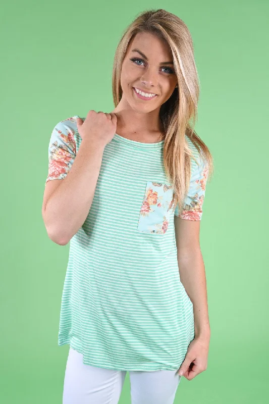 Budget Friendly Mint & Blue Floral Pocket Top