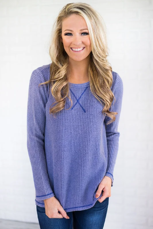 Vintage-Modern Style Offers Blue Knit Thermal Top