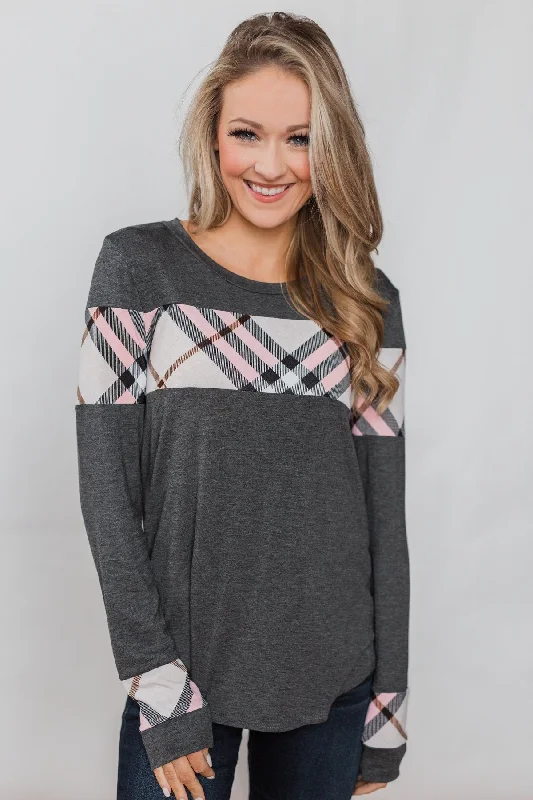 Chic And Edgy Talk About Cute Plaid Top- Charcoal
