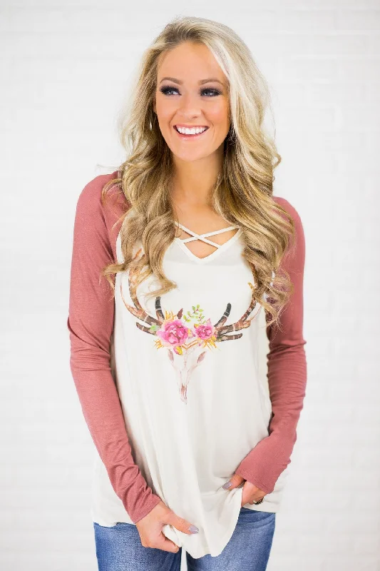 This Weekend Only – Best Prices Guaranteed Long Sleeve Criss Cross Floral Skull Top