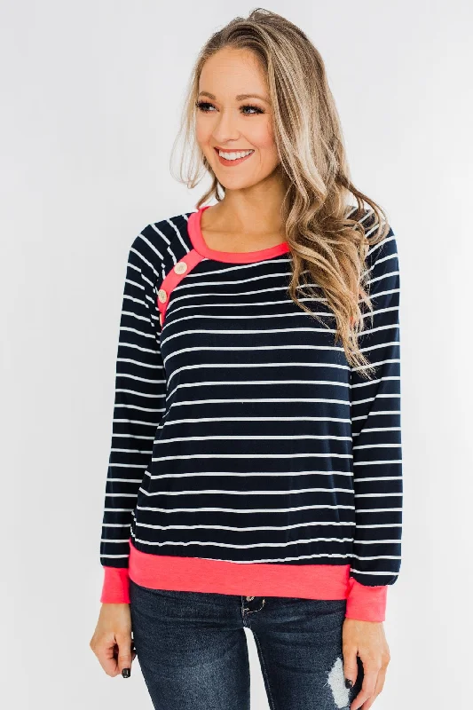 Comfort Meets Fashion On Top Of The World Striped Top- Navy & Neon Pink