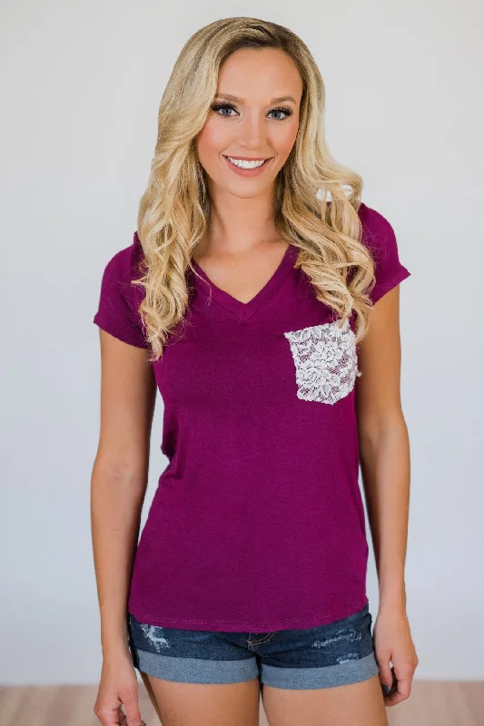 Hurry Before It's Gone Torn Over You Lace Pocket Top- Magenta