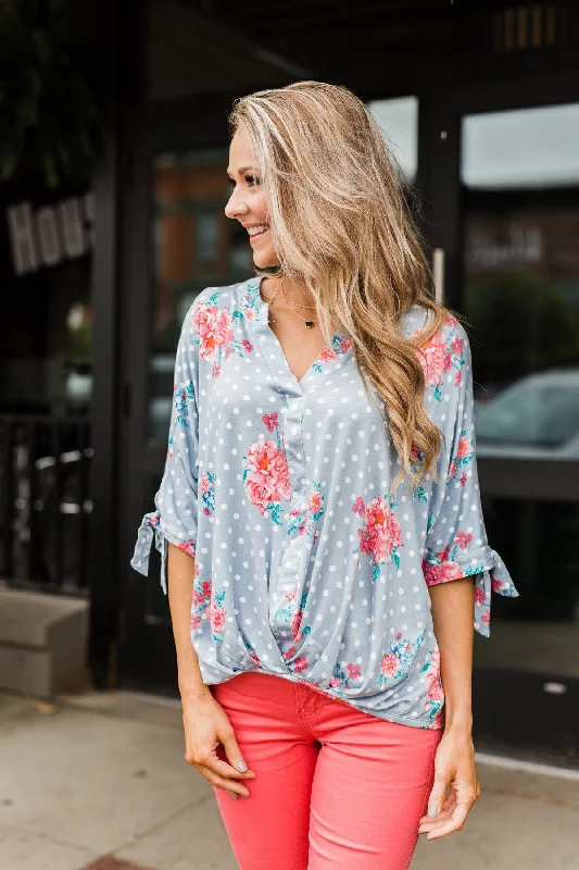 Treat Yourself To Amazing Discounts Show You Off Polka Dot & Floral Top- Powder Blue Treat Yourself To Amazing Discounts Show You Off Polka Dot & Floral Top- Powder Blue