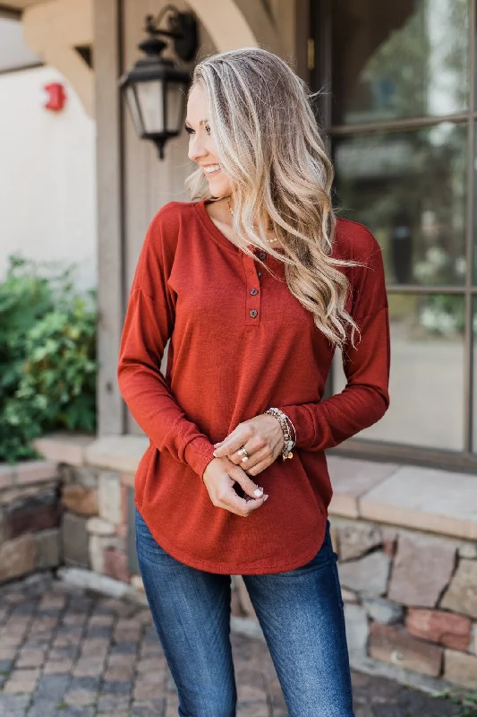 Special Savings Event Happening Now Cozy & Warm 4 Button Henley Top- Rust