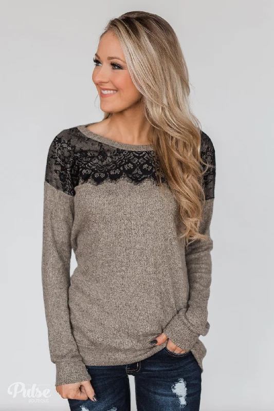Elegant Style Show Stopper Black Lace Top- Mocha