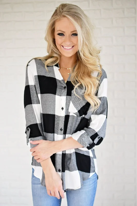 Top Picks At Markdown Prices White & Black Plaid Button Up Top