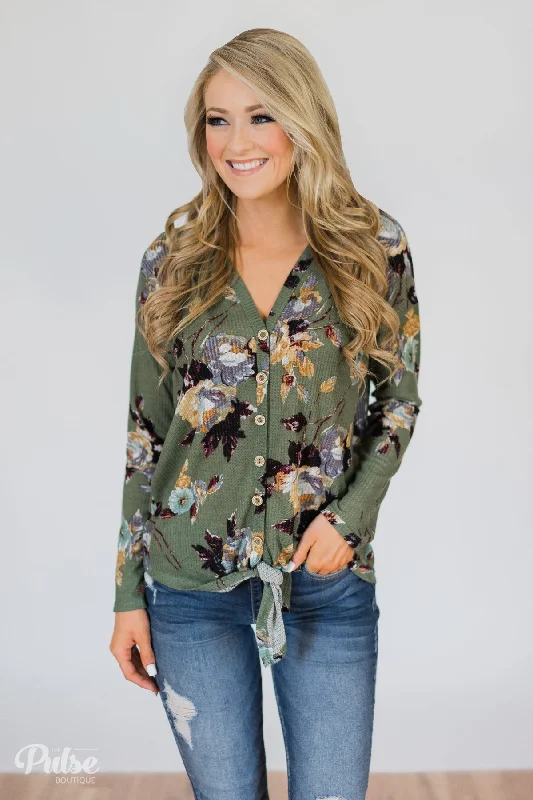 Easy Elegance Sales My Wish to You Floral Thermal Top- Dark Sage