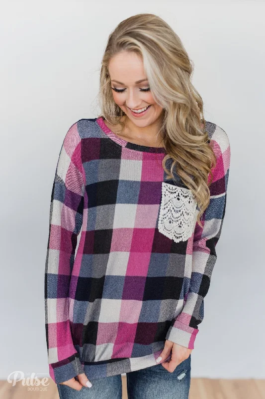 Bold Fashion Sales Checkered Pullover Pocket Top- Pink, Black, Navy