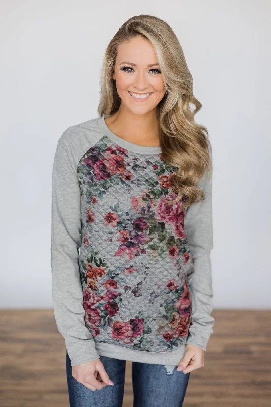 End-Of-Week Price Drops Quilted Romance Floral Top ~ Grey