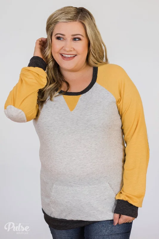 Savings That Make A Statement Elbow Patch Color Block Pullover Top- Yellow, Charcoal, Grey