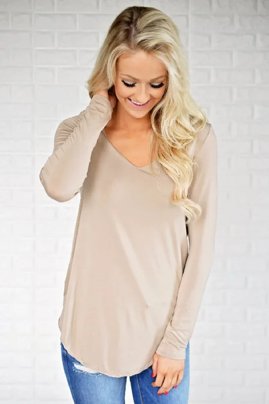 Budget-Friendly Fashion Long Sleeve V-Neck Top ~ Taupe