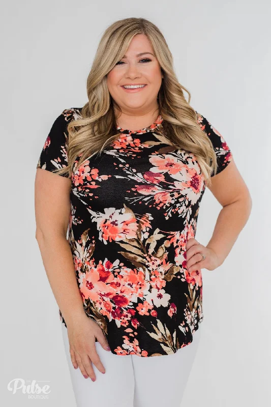 Chic Styles, Sharp Prices Sucker for Floral Short Sleeve Top- Black