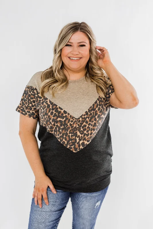 Stylish Savings Drive Me Wild Leopard Color Block Top- Black & Taupe