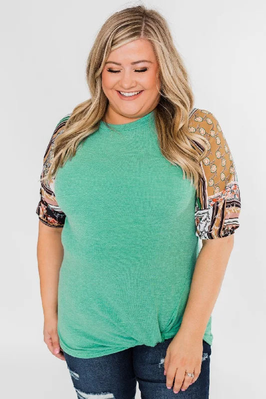 Fashion-Forward Keep Walking On Printed Sleeve Top- Jade Green