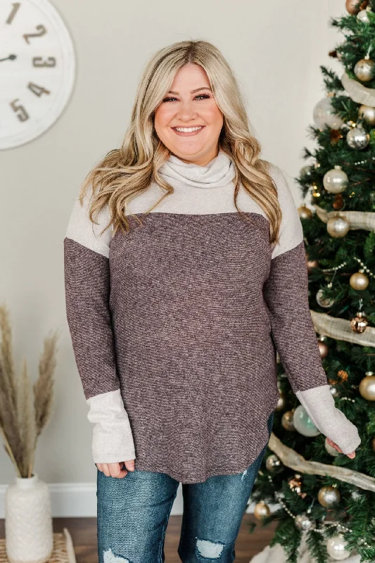 Big Discounts This Weekend Only Carefree Cutie Cowl Neck Top- Heather Grey & Plum