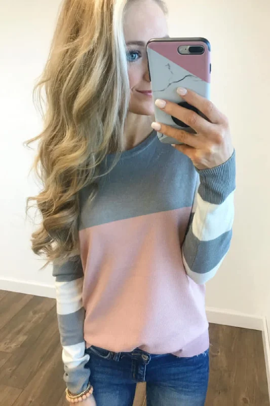 Winter Warehouse Sale Keep Me Company Color Block Top - Grey & Dusty Pink