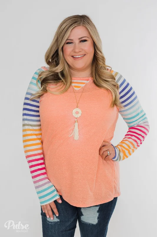 Savings That Make A Statement Multi-Colored Striped Sleeve Raglan Top- Peach