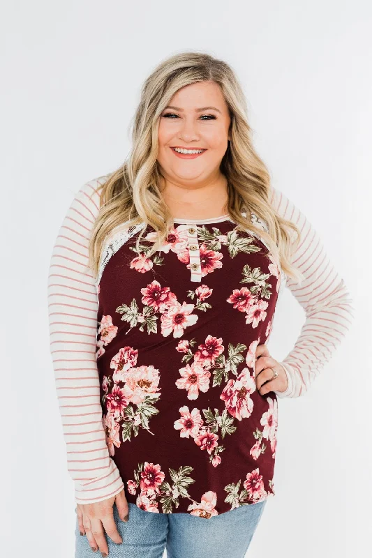 Your Favorite Styles Now On Sale Everything You Need Floral Striped Top- Maroon & Ivory
