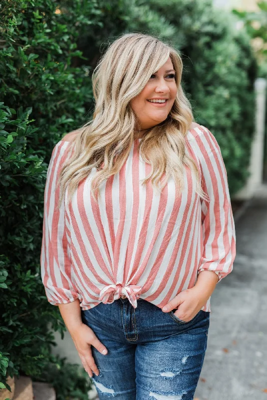 Casual Fashion Warmer Weather Off The Shoulder Striped Top- Light Salmon