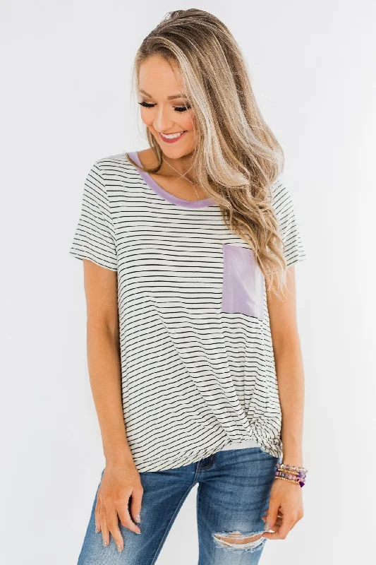 Modern Fashion Sale Sweet Spring Striped Pocket Top- Ivory & Lilac