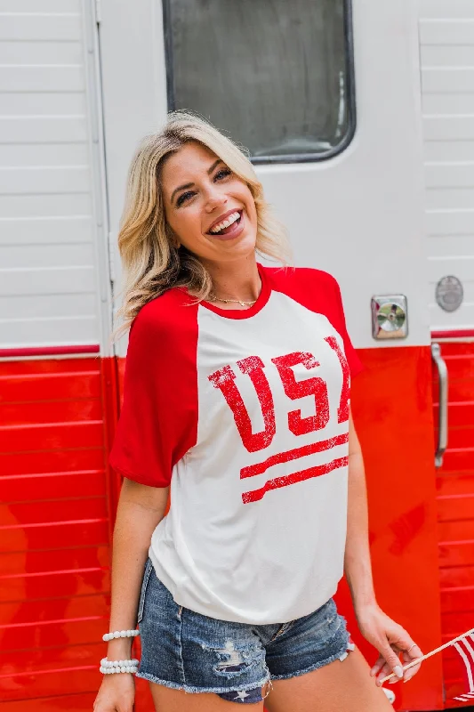 Clearance Sale, All Cheap "USA" Graphic Raglan Top- Red