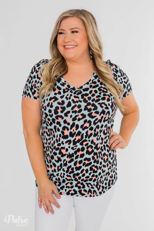 The Latest Trends Can't Go Wrong V-Neck Leopard Top- Light Blue & Peach