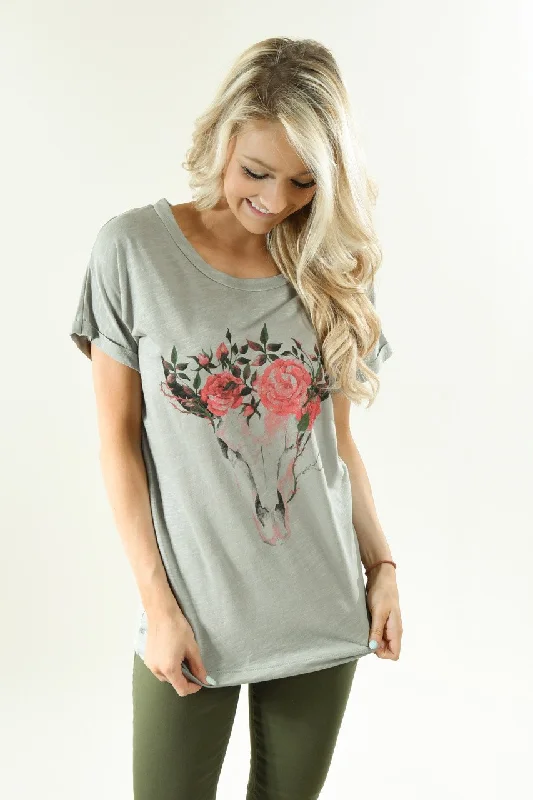 Evening Elegance Floral Skull Top ~ Dark Sea Foam