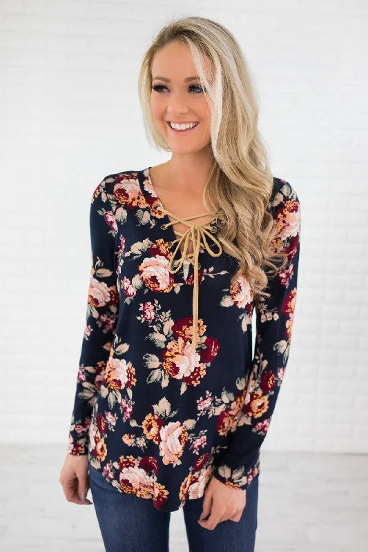 Flash Sale – Shop Before It Ends Long Sleeve Navy Floral Lace Up Top