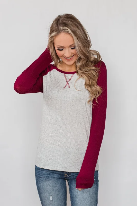 Best Prices Of The Season Season's Greetings Ribbed Top- Heather Grey & Maroon