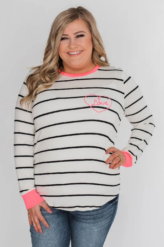 Limited Stock Love in My Heart Striped Top - Ivory & Bright Pink