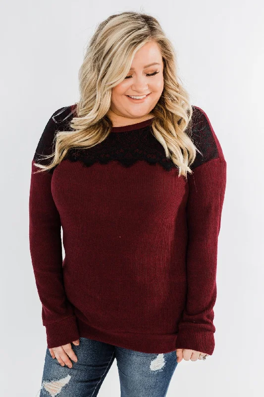Last Chance For Amazing Deals Show Stopper Black Lace Top- Burgundy