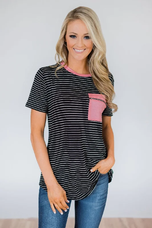 Find Your Unique Flair Move to the Beat Striped Pocket Top- Pink