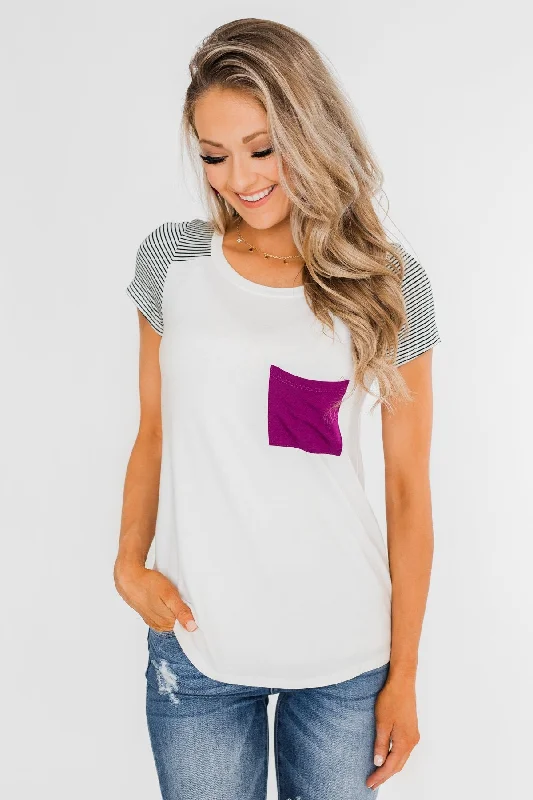 Exclusive Designer Style Deals Take Me There Striped Sleeve Pocket Top- Magenta