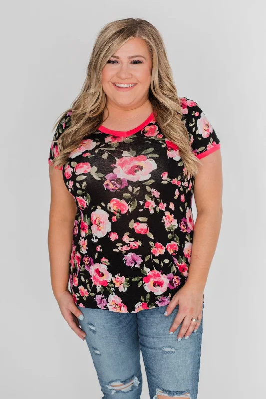 Hurry Before It's Gone Borrow my Heart Floral V-Neck Pocket Top- Black