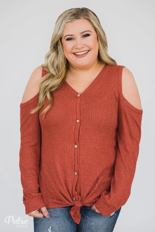 Enjoy Discount Take A Hint Cold Shoulder Thermal Top- Brick