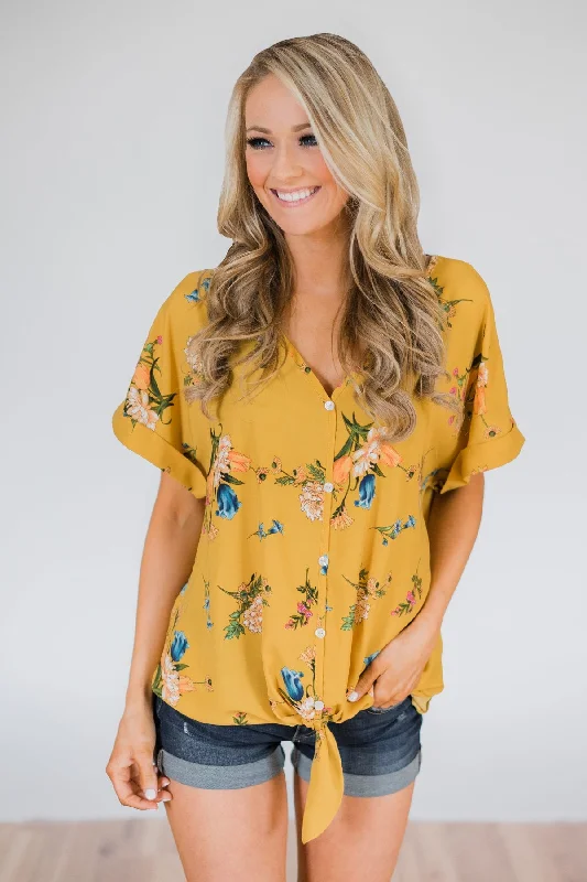 Chic Style, Always In Vogue Looking Fine in Floral Tie Top- Mustard