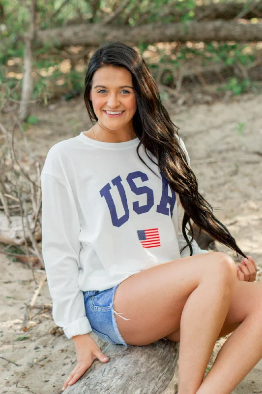 Glamorous Fashion Offers "USA" American Flag Graphic Pullover Top- Ivory