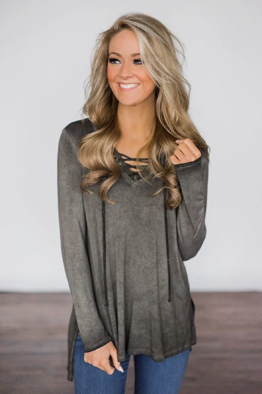 Timeless Elegance Redefined Charcoal Lace Up Top