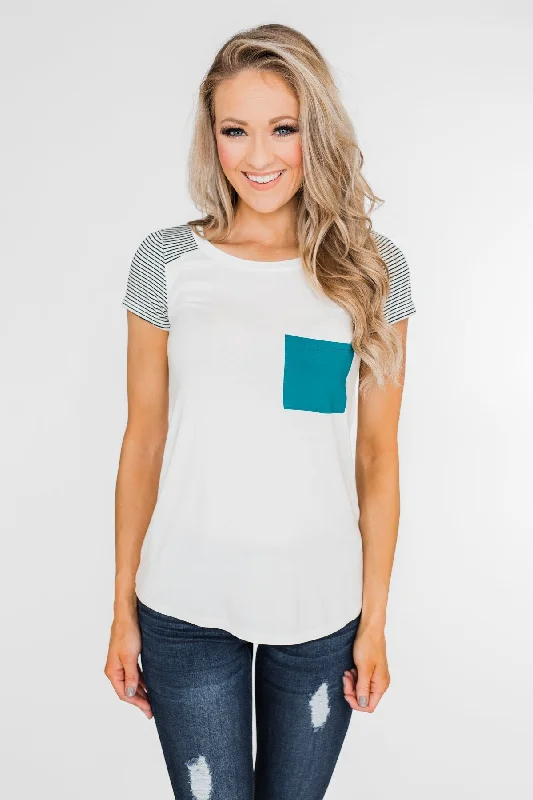 Unbeatable Prices On Best-Selling Items Take Me There Striped Sleeve Pocket Top- Teal Unbeatable Prices On Best-Selling Items Take Me There Striped Sleeve Pocket Top- Teal