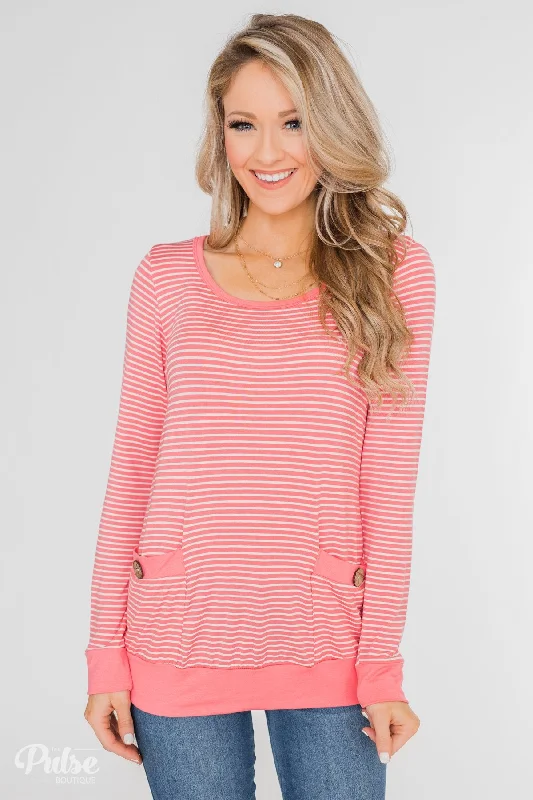 Catch Every Fashion Trend So Much In Common Striped Pocket Top- Pink