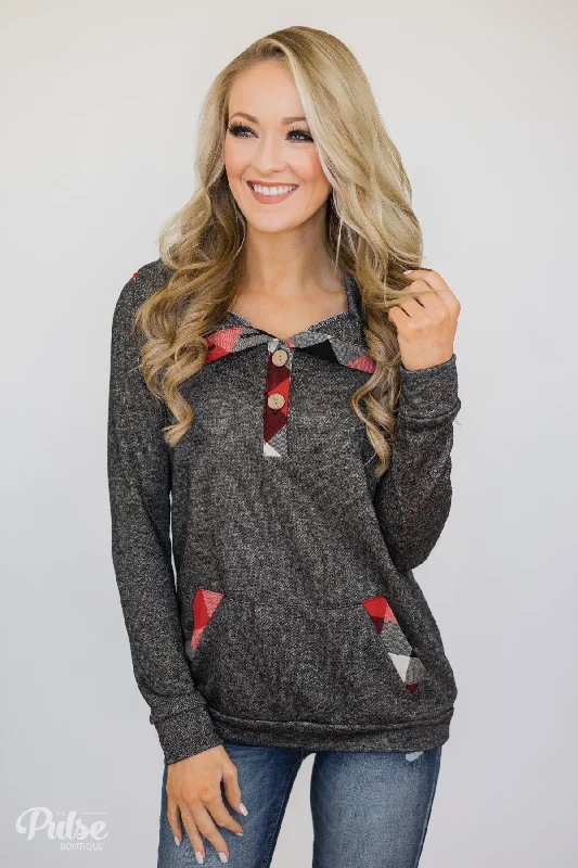 Season Sale Hint of Plaid Pullover & Button Top- Charcoal