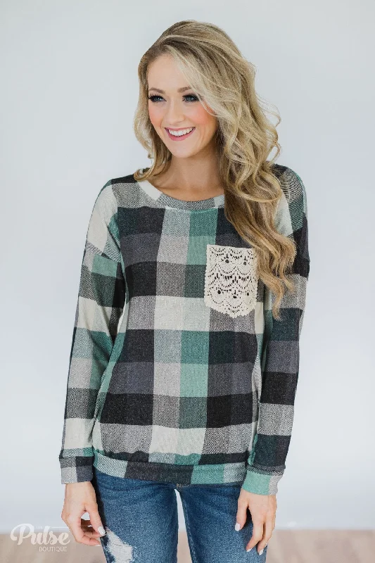 Save More On The Styles You Love Checkered Pullover Pocket Top- Mint & Navy