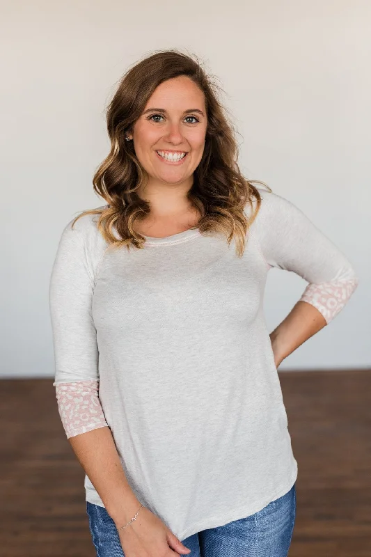 Crazy Price Slashing Follow My Feelings 3/4 Sleeve Top- Light Heather Grey & Blush