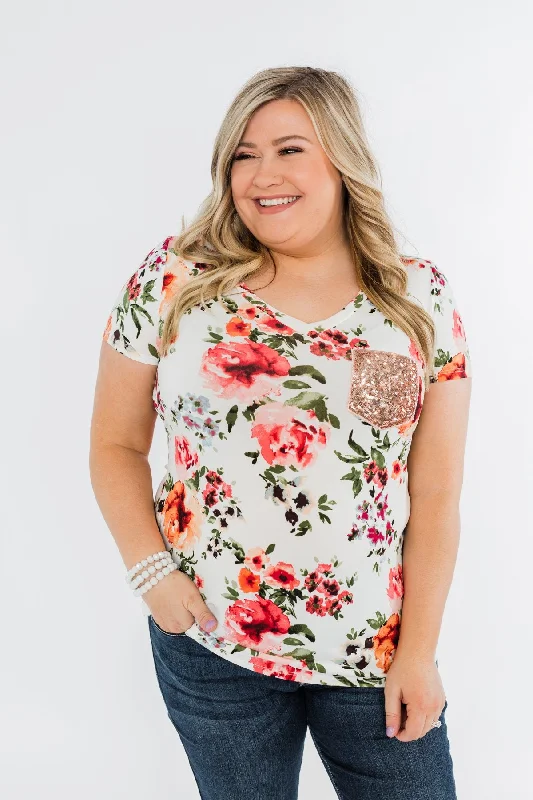 Exclusive Deals Online Floral Glam Front Pocket Top- Ivory